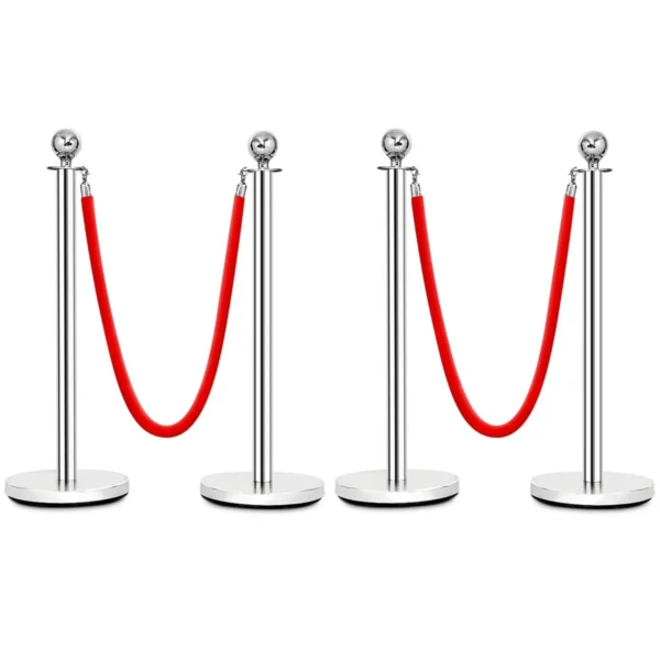 4 stuks afzetpaal set ronde top gepolijst roestvrij afzetpaal wachtrij paal met 150cm rood fluwelen touw menigte controle barrière 2