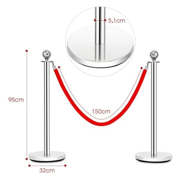 4 stuks afzetpaal set ronde top gepolijst roestvrij afzetpaal wachtrij paal met 150cm rood fluwelen touw menigte controle barrière 3
