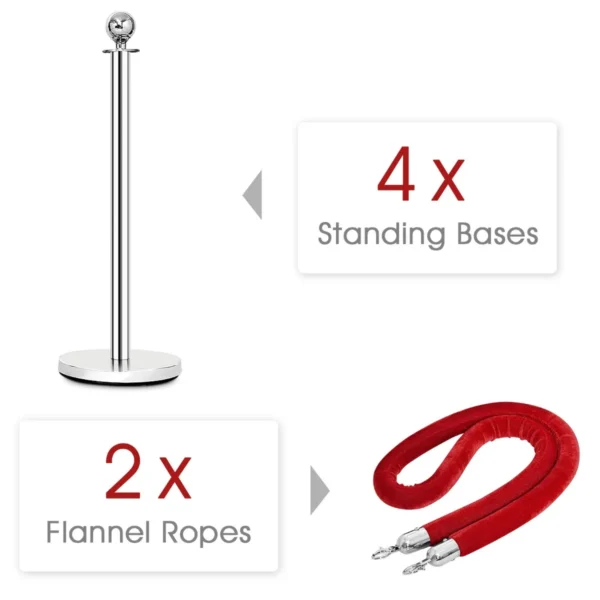 4 stuks afzetpaal set ronde top gepolijst roestvrij afzetpaal wachtrij paal met 150cm rood fluwelen touw menigte controle barrière 4