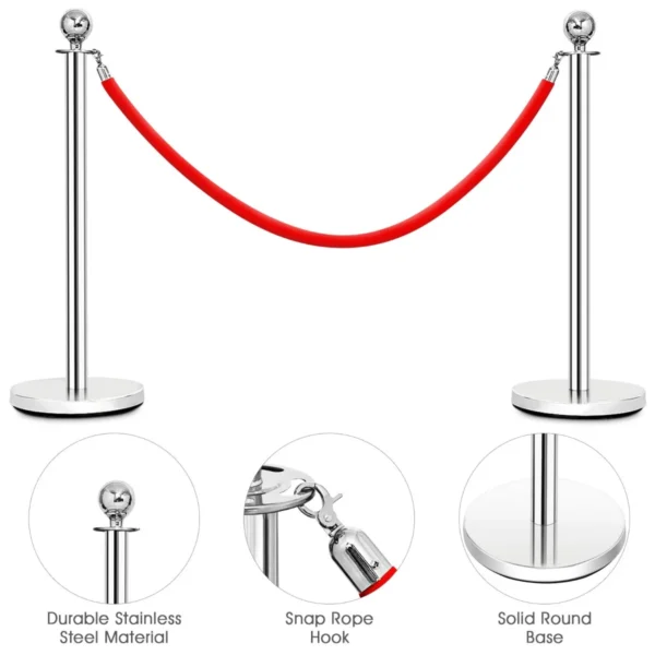 4 stuks afzetpaal set ronde top gepolijst roestvrij afzetpaal wachtrij paal met 150cm rood fluwelen touw menigte controle barrière 5