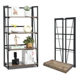 4 tier opvouwbare boekenplank montagevrije houten plank met metalen frame industriële wand boekenplank plantenstandaard bruin 1