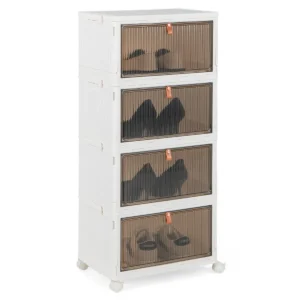 4 tier schoenenrek opvouwbaar schoenenrek met magnetische transparante deuren & vergrendelbare universele wielen 1