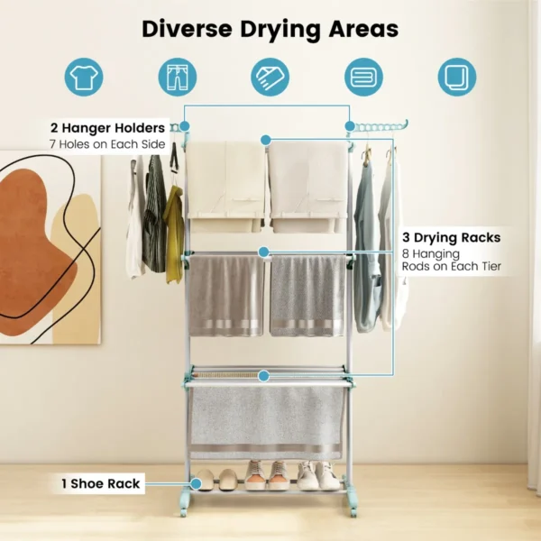 4 traps droogrek met wielen opvouwbare rekken om kleding te drogen met 2 draaibare zijvleugels droogrek uitschuifbaar blauw 4