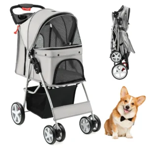 4 wiel opvouwbare honden en kattenwagen hondenwagen huisdierbuggy tot 15 kg met netvensters/bekerhouders/aanhangers grijs 1