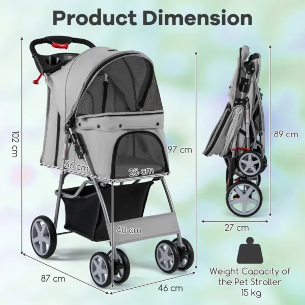 4 wiel opvouwbare honden en kattenwagen hondenwagen huisdierbuggy tot 15 kg met netvensters/bekerhouders/aanhangers grijs 3