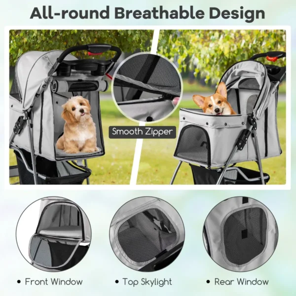4 wiel opvouwbare honden en kattenwagen hondenwagen huisdierbuggy tot 15 kg met netvensters/bekerhouders/aanhangers grijs 4