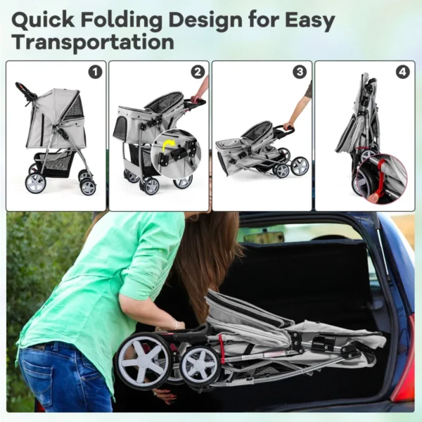 4 wiel opvouwbare honden en kattenwagen hondenwagen huisdierbuggy tot 15 kg met netvensters/bekerhouders/aanhangers grijs 5