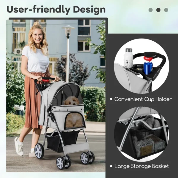 4 wiel opvouwbare honden en kattenwagen hondenwagen huisdierbuggy tot 15 kg met netvensters/bekerhouders/aanhangers grijs 6