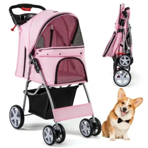 4 wiel opvouwbare honden en kattenwagen hondenwagen huisdierbuggy tot 15 kg met netvensters/bekerhouders/aanhangers roze 1