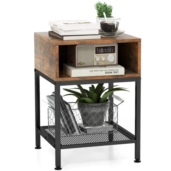 40 cm lange en brede bijzettafel met metalen frame vierkante salontafel op 3 niveaus met opbergvak en gaasplank bruin + zwart 1