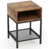 40 cm lange en brede bijzettafel met metalen frame vierkante salontafel op 3 niveaus met opbergvak en gaasplank bruin + zwart 2