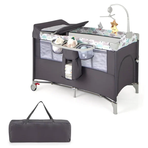 5 in 1 babybed met matras en afneembare luiertafel kinderbed met muziekdoosje en hangend speelgoed in hoogte verstelbaar (grijs) 1