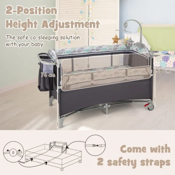 5 in 1 babybed met matras en afneembare luiertafel kinderbed met muziekdoosje en hangend speelgoed in hoogte verstelbaar (grijs) 4