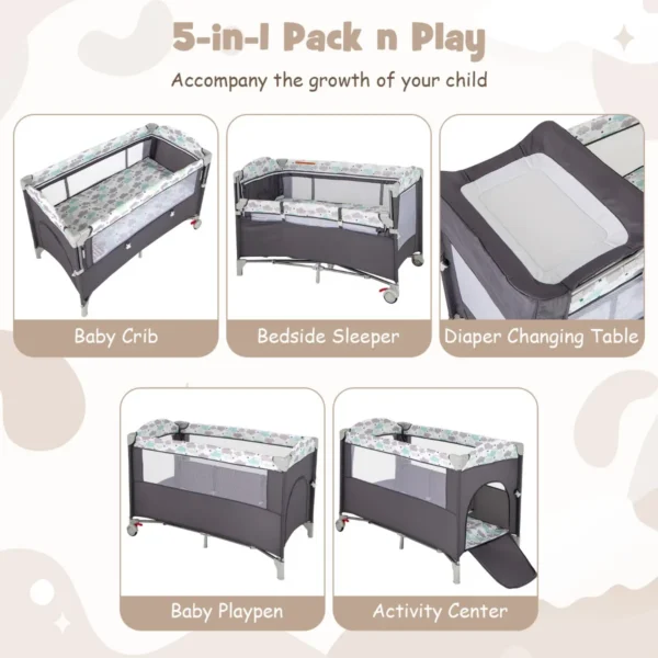 5 in 1 babybed met matras en afneembare luiertafel kinderbed met muziekdoosje en hangend speelgoed in hoogte verstelbaar (grijs) 7