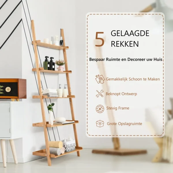 5 laags ladderplank bamboe boekenplank muur leunende opslag display plantenstandaard 7