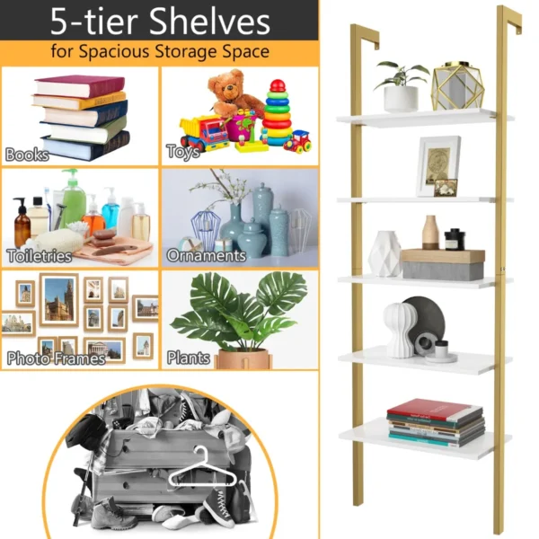 5 laagse ladderplank boekenkast opslag rek boekenplank plant stand weergave planken met metalen frame goud 6