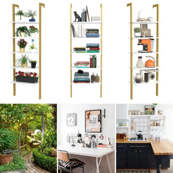 5 laagse ladderplank boekenkast opslag rek boekenplank plant stand weergave planken met metalen frame goud 7