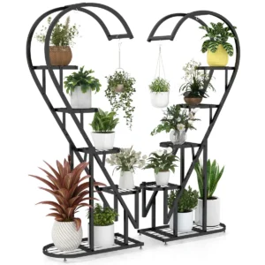 5 vaks metalen plantenstandaard bloemenstandaard met haak ladder en half hart plantenstandaard 71 x 30,5 x 148 cm zwart 1