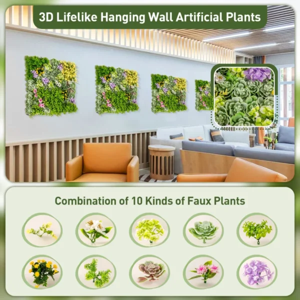 50 x 50 cm pak van 2 vierkante 3d kunstloof wanddecoraties 10 soorten gemengde kunstplanten wanddecoratie voor binnen buiten 4