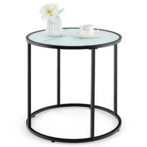 50cm ronde glazen bijzettafel met metalen frame en marmerlook glazen blad moderne bijzettafel zwart en wit 1