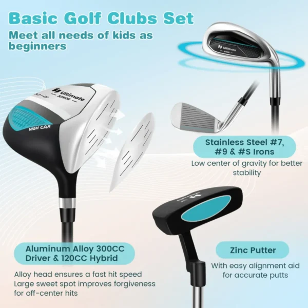 6 delige kindergolfclubset met golftas en regenhoes complete golfset incl. 7/9/s ijzer 1 driver 4 hybride putter blauw 6