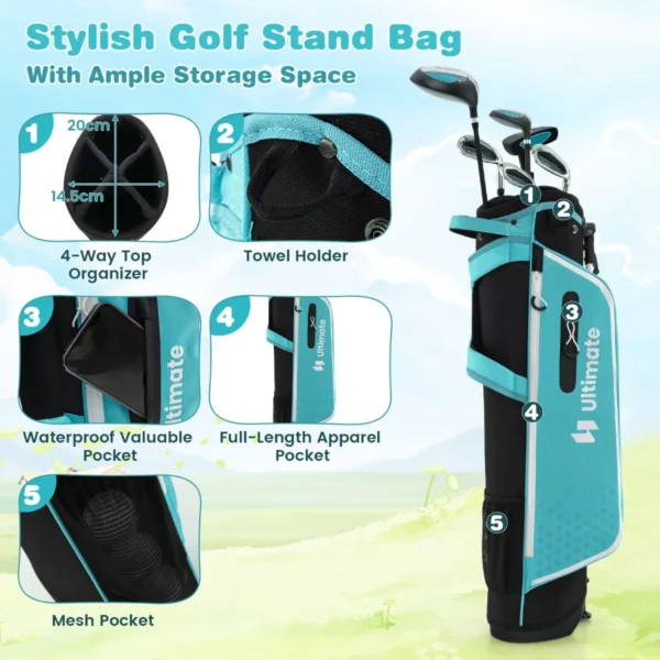 6 delige kindergolfclubset met golftas en regenhoes complete golfset incl. 7/9/s ijzer 1 driver 4 hybride putter blauw 7