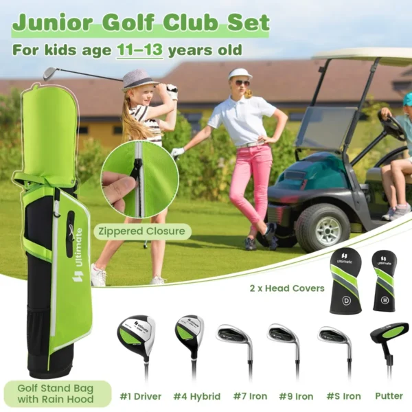 6 delige kindergolfclubset met golftas en regenhoes complete golfset incl. 7/9/s ijzer 1 driver 4 hybride putter groen 3
