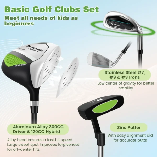 6 delige kindergolfclubset met golftas en regenhoes complete golfset incl. 7/9/s ijzer 1 driver 4 hybride putter groen 6