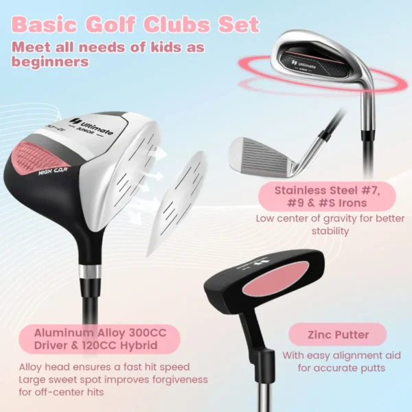 6 delige kindergolfclubset met golftas en regenhoes complete golfset incl. 7/9/s ijzer 1 driver 4 hybride putter roze 6