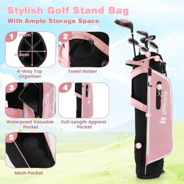6 delige kindergolfclubset met golftas en regenhoes complete golfset incl. 7/9/s ijzer 1 driver 4 hybride putter roze 7