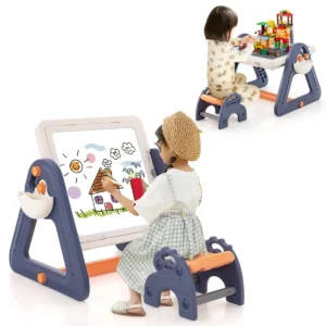 6 in 1 kindertafel met stoel en dubbelzijdig draaibaar dienblad kinderezel in hdpe met 160 blokken & 6 markers & 1 gum draagvermogen 75kg 1