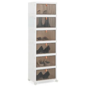 6 tier schoenenrek opvouwbaar schoenenrek met magnetische transparante deuren & vergrendelbare universele wielen 1