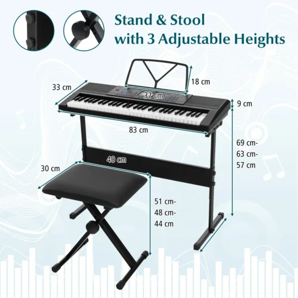 61 toetsen elektronisch keyboard standaard en kruk complete digitale pianoset 300 klankkleuren 300 ritmes 50 demo's lesmodus microfoon 2