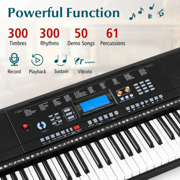 61 toetsen elektronisch keyboard standaard en kruk complete digitale pianoset 300 klankkleuren 300 ritmes 50 demo's lesmodus microfoon 3