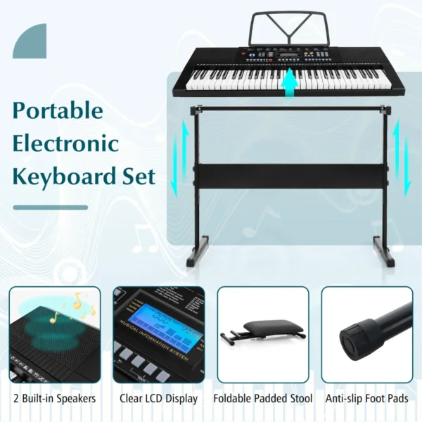61 toetsen elektronisch keyboard standaard en kruk complete digitale pianoset 300 klankkleuren 300 ritmes 50 demo's lesmodus microfoon 7
