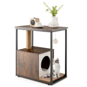 66cm bijzettafel kattenhuis met krabpaal verwijderbare krabmat hangend kogelspeeltje voor woonkamer slaapkamer rustiek bruin 1