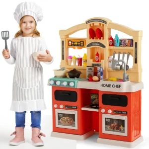 69 delige kinderkeuken met verlichting & stoom & muziek & geluid speelkeuken kinderspeelkeuken met waterpomp en spoelbak oranje 1