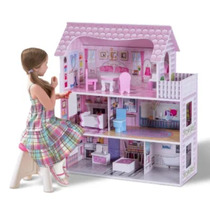 71cm houten poppenhuis poppenhuis villa speelgoed voor meisje 3 niveaus met meubilair en accessoires roze 1