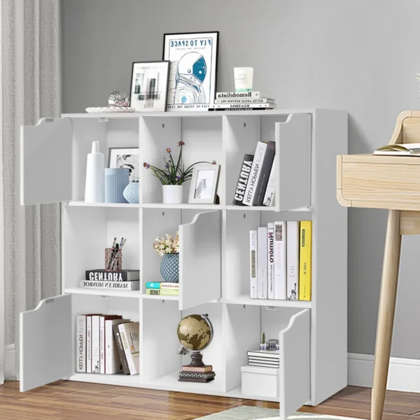9 compartimenten opberger opbergrek met deuren vrijstaande houten boekenkast wit 7
