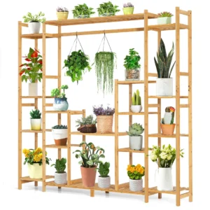 9 vaks bamboe plantenstandaard met ophangbeugel en anti kantelbeveiliging 2 in 1 hoekplank voor hoge en lage planten natuurlijk 1