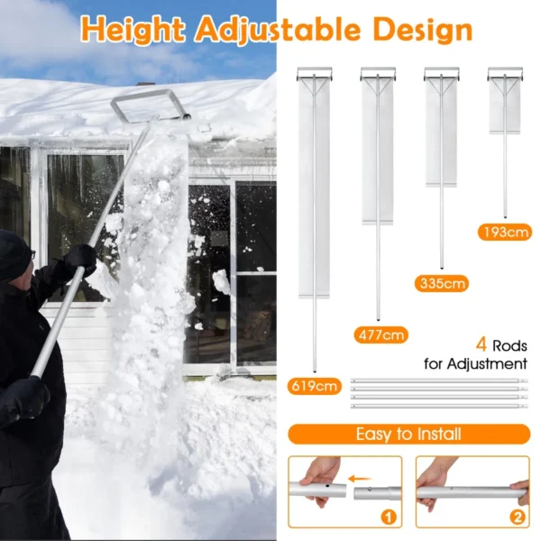 Aluminium daksneeuwhark verstelbare daksneeuwverwijdering met 4 stangen 2 soepele wielen pe weefsel max lengte 619 cm 4
