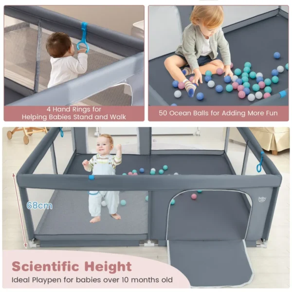 Babybox opvouwbaar box met 50 oceaanballen en 4 handgrepen kruiprooster met ademend mesh en deur box voor zuigelingen kinderen grijs 7