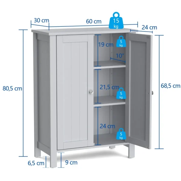 Badkamerkast bijzetkast dressoir met dubbele deur en verstelbare plank houten opbergkast keukenkast 60 x 30 x 80,5 cm grijs 3