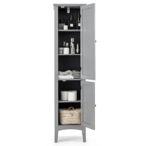 Badkamerkast met 5 verdiepingen smal vrijstaande hoge kast met 2 lamellendeuren 2 planken en kantelbeveiliging 37 x 37 x 160 cm (grijs) 1