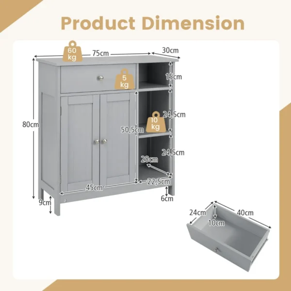 Badkamerkast onderkast voor de badkamer met lade deuren en verstelbare plank voor badkamer/woonkamer/slaapkamer/keuken grijs 3