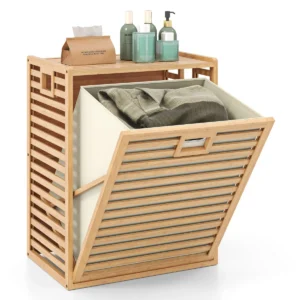 Badkamerrek met wasmand 68 l bamboe rek met plank en uitklapbare mand van stof wasverzamelaar voor badkamer bijkeuken natuur 1