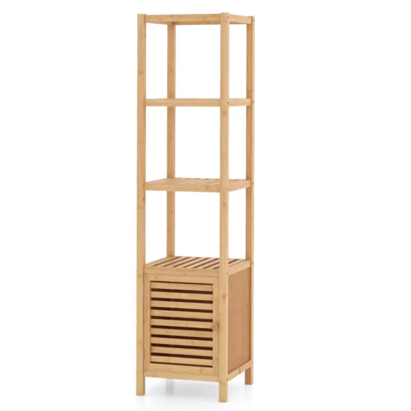 Bamboe opbergkast 140 cm hoge badkamervloerkast met 4 open planken en lamellendeur vrijstaande badkamer opbergkast 2