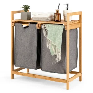 Bamboe wasmand met twee compartimenten 2 sectie wasserij sorter mand met afneembare glijdende zakken & bovenste plank natuurlijke 1