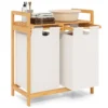 Bamboe wasmand met twee compartimenten 2 sectie wasserij sorter mand met afneembare glijdende zakken & bovenste plank wit 1