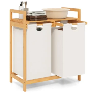 Bamboe wasmand met twee compartimenten 2 sectie wasserij sorter mand met afneembare glijdende zakken & bovenste plank wit 1